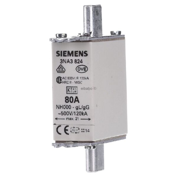 SIEMENS 3NA3824 NH fuse link G000 80A 500AC/250DC - Low Voltage HRC fuse NH000 80A 3NA3824