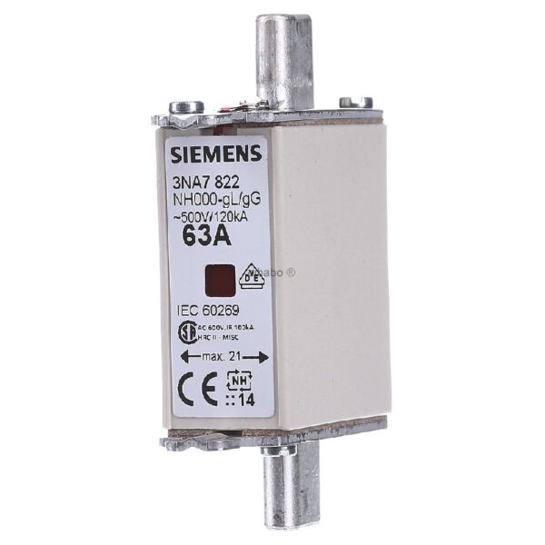 SIEMENS 3NA7 822 LV HRC fuse element, NH000, In: 63 A, gG, Un AC: 500 V, Un DC: 250 V, Combined indicator, live grip lugs